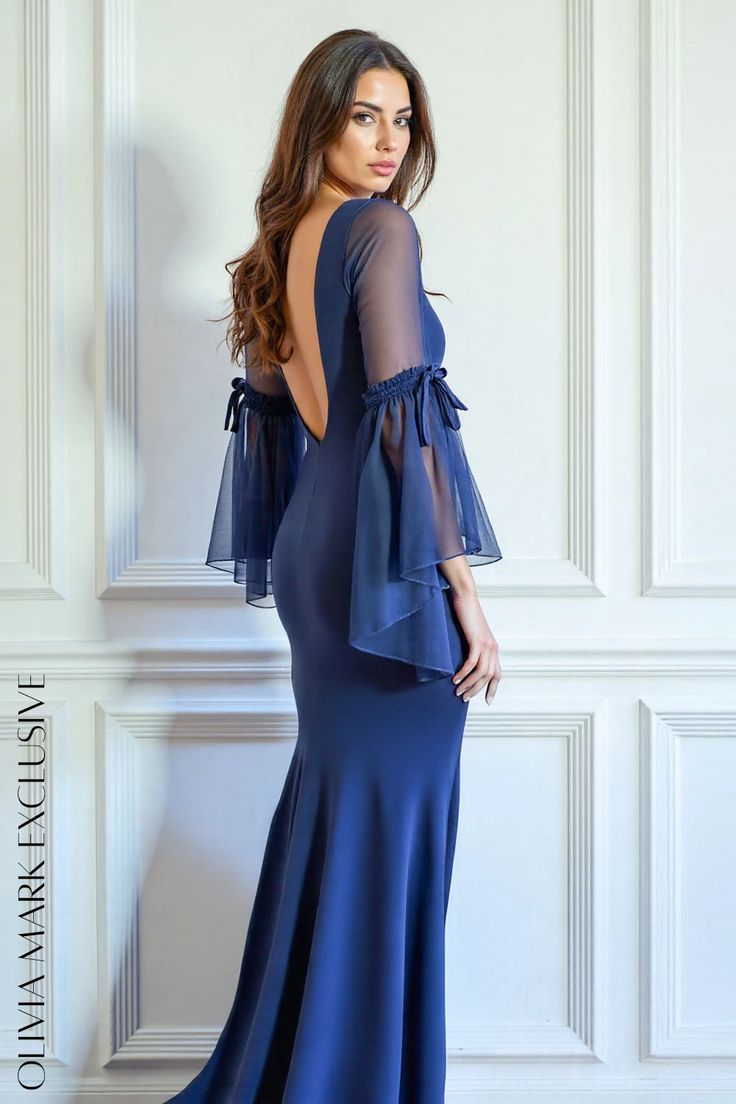 Olivia Mark - Elegant Mermaid Gown with Bell Sleeves - Deep Blue Satin Mermaid Gown, Blue Satin, Deep Blue, Bell Sleeves, Mermaid, Satin, Blue