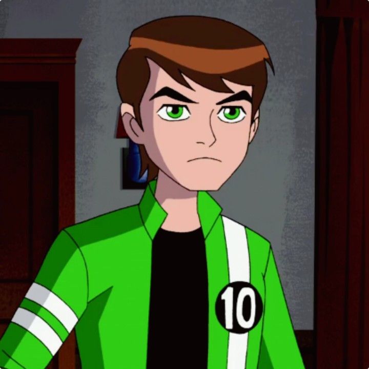 an animated image of a young man with green eyes wearing a green shirt and black t - shirt