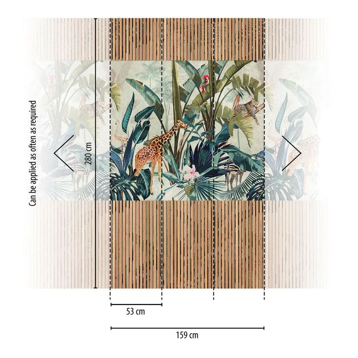 an image of a room divider with tropical plants and giraffes on it