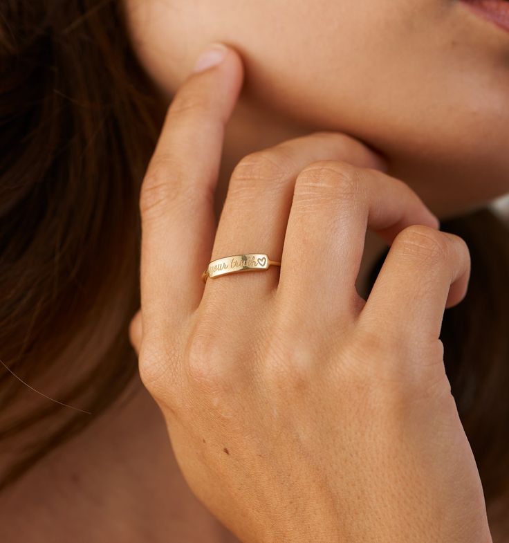 Whether you want an inspirational word, your kids initials, an important anniversary, or a cute symbol, this ring is made for you. Super wearable and easy to pile on with all your Rellery favorites.

Please find our ring size guide here. See our signet ring that engraves 3 lines of text and 2 line bar ring here by RELLERY.
Bar: 4 x 15mm | Thickness: 1.1mm Adjustable 14k Gold Initial Ring For Everyday, Simple Personalized Initial Ring For Everyday, Personalized Yellow Gold Initial Ring For Everyday, Everyday Personalized Yellow Gold Initial Ring, Minimalist Stackable Initial Ring For Promise, Minimalist Stackable Initial Promise Ring, Everyday Custom Name Gold Ring, Everyday Gold Ring With Custom Name, Everyday Gold Rings With Custom Name