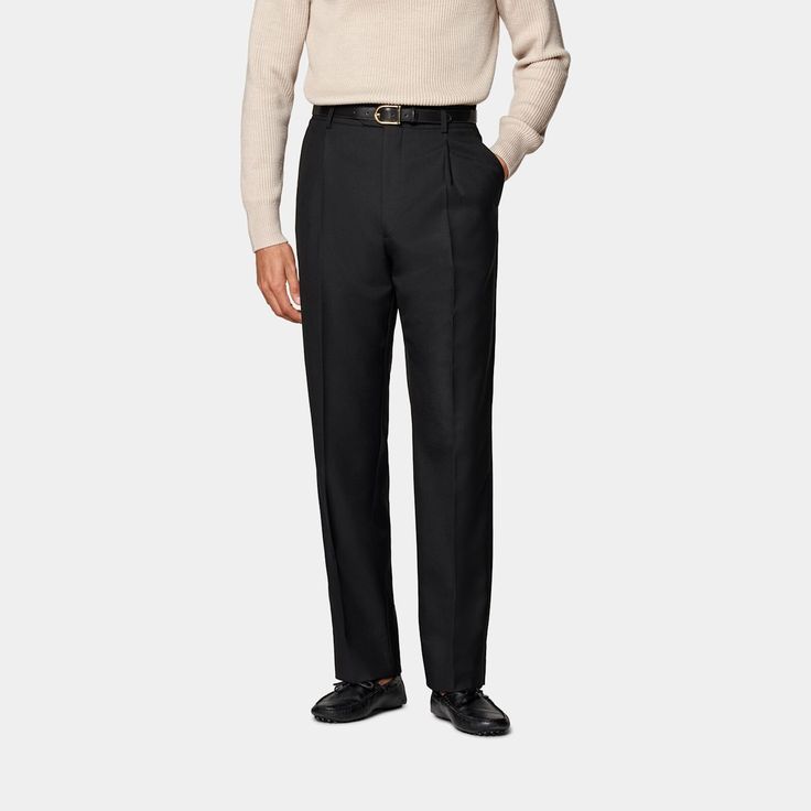 These black pants are tailored to a wide leg straight fit, offering roomier hip and thigh space with a wide straight leg opening. Featuring a high-rise waist, single pleat, belt loops, and slanted side pockets. Timeless Semi-formal Wide Leg Bottoms, Business Full Length Pants With Belt Loops, Tailored Full Length Pants With Belt Loops, Semi-formal Straight Leg Dress Pants With Belt Loops, Business Pants With Belt Loops And Tapered Leg, Black Straight Leg Belted Pants, Black Straight Leg Dress Pants With Belt Loops, Tailored Belted Bottoms For Formal Wear, Black Dress Pants With Belt Loops For Business Casual