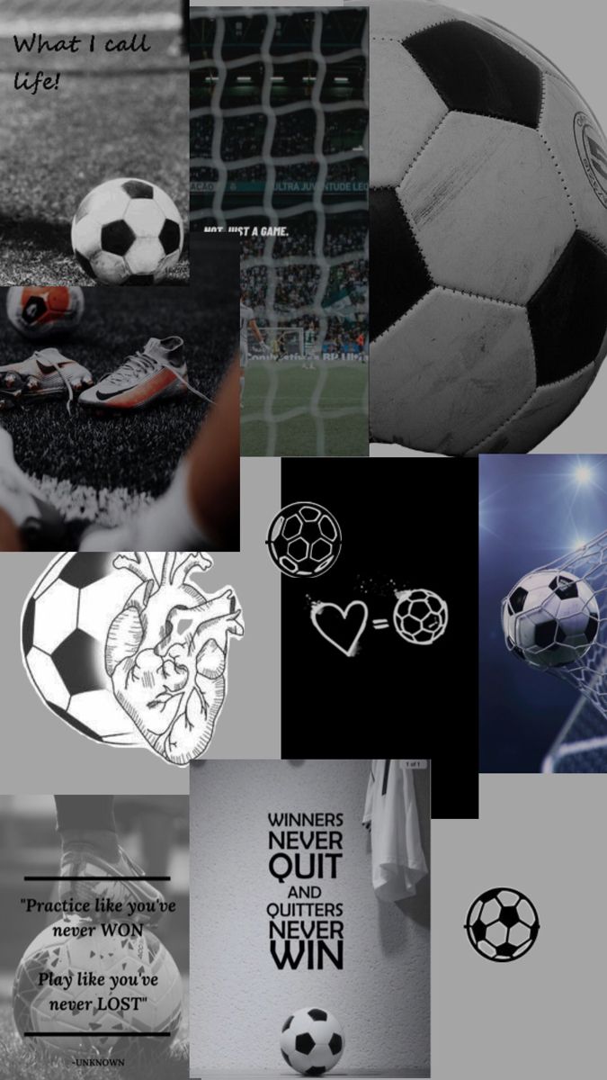 a collage of pictures with soccer balls and other things on the subject in black and white