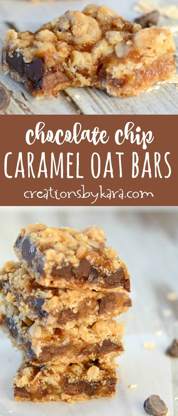 chocolate chip caramel oat bars stacked on top of each other with the words, chocolate chip caramel oat bars