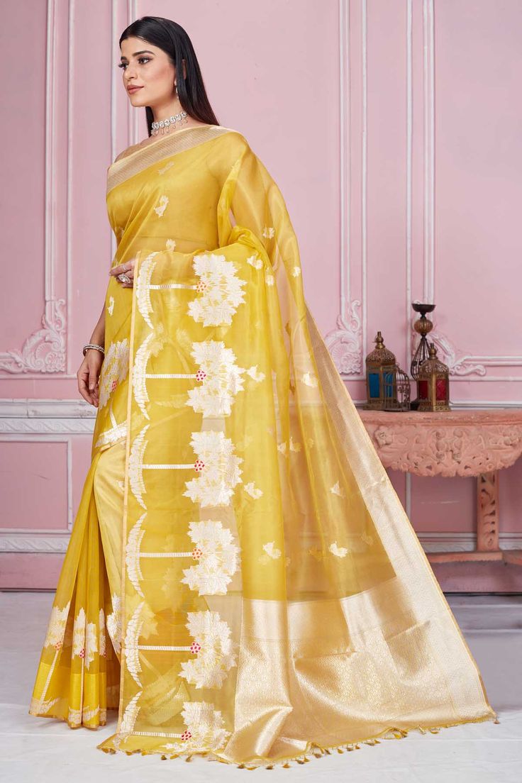 Buy beautiful yellow Banarasi sari online in USA with golden zari border and pallu. Look your best on festive occasions in latest designer saris, pure silk sarees, Kanjivaram silk sarees, handwoven saris, tussar silk sarees, embroidered saris from Pure Elegance Indian fashion store in USA.-full view Semi-stitched Yellow Traditional Wear In Katan Silk, Festive Yellow Blouse Piece With Zari Work, Yellow Dola Silk Saree With Resham Embroidery, Yellow Chanderi Saree With Resham Embroidery, Yellow Dola Silk Saree With Chikankari Embroidery, Yellow Semi-stitched Blouse Piece For Diwali, Yellow Blouse Piece With Zari Work For Diwali, Yellow Anarkali Blouse With Chikankari Embroidery, Festive Yellow Saree With Resham Embroidery