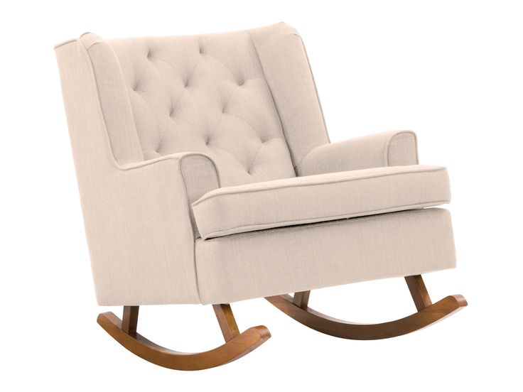 Beige fabric rocking chair with wooden legs, ergonomic design, and cushioned seat for living room comfort. Wooden Rocker, Patio Storage, Patio Bar Set, Mattress Box Springs, Patio Sectional, Replacement Cushions, Accent Arm Chairs, Elegant Colors, Conversation Set Patio