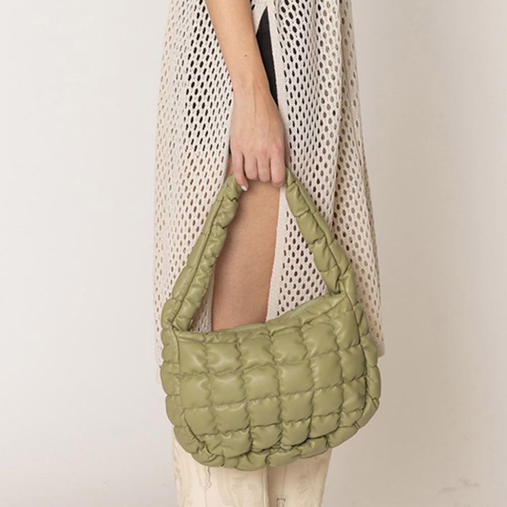 Casual Faux Leather Cloud Quilted Puffer Simple Fashion Shoulder Bag Tote Handbag Purse Size : 8.6" X 11.8" X 3.2" Zipper Closure Sage Green Fashion Statement Accessory Bag S 410086 B Trendy Soft Leather Hobo Bag, Trendy Square Faux Leather Shoulder Bag, Spring Leather Square Shoulder Bag, Square Leather Shoulder Bag For Spring, Spring Square Leather Shoulder Bag, Spring Soft Leather Rectangular Shoulder Bag, Trendy Faux Leather Hobo Bag, Rectangular Soft Leather Shoulder Bag For Spring, Quilted Shoulder Bag For Spring