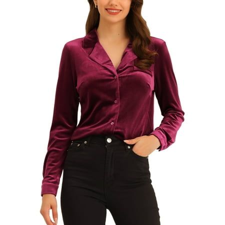 This velvet blouse styled in a lapel collar and v neck bring elegance to whatever outfit you're putting together. Suitable for casual, dating, office, work, formal occasion and daily wear. Perfectly pair it with pants or skirts for an elegant and exquisite look. Modern and elegant, this shirt style with softly velvet fabric and long sleeve. There's nothing like a touch of velvet to elevate your style, and this blouse also features a V-neck for a put-together look. Long sleeve and V-neck design i Elegant V-neck Party Shirt, Fall V-neck Shirt With Button Closure, Fall V-neck Blouse With Buttons, Chic Fall Shirt With Collared Neckline, Formal V-neck Shirt With Button Closure, Formal V-neck Shirt With Buttons, Solid V-neck Shirt For Night Out, Fall Tops With Button Closure And Collared Neckline, Fall Collared Tops With Button Closure