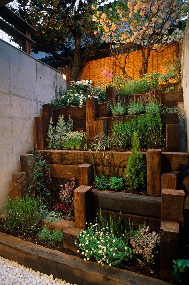 an outdoor garden with wooden steps and plants growing on the side of each stair case