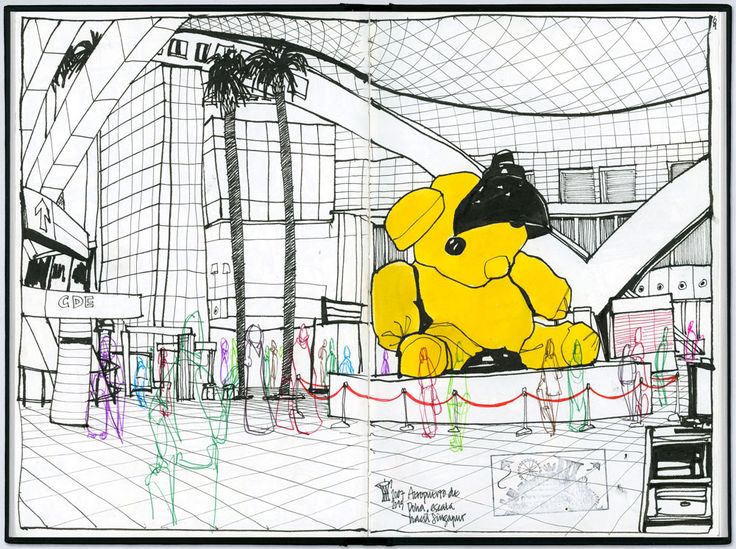 a drawing of a yellow teddy bear sitting on top of a counter in front of a building