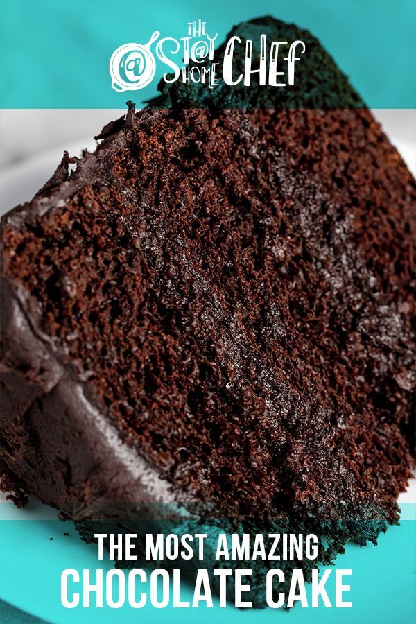 a slice of chocolate cake on a plate with the words, the most amazing chocolate cake