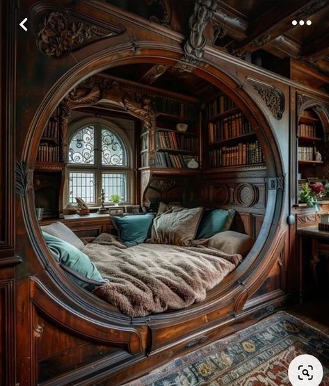 a bedroom with a bed, bookshelf and large round mirror in the middle