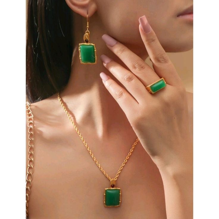 Jennifer Fashion Geometric Charm Necklace Ring And Earrings Set Brighten Up Your Outfit.. Features . Pair Earrings . Ring . Necklace . Gold Plated Thank You For Shopping My Closet Elegant Rectangular Metal Jewelry, Green Metal Clavicle Chain Jewelry, Trendy Green Metal Jewelry, Green Rectangular Jewelry For Party, Elegant Nickel-free Rectangular Jewelry, Minimalist Green Jewelry For Formal Occasions, Green Metal Pendant Jewelry, Minimalist Green Metal Jewelry, Green Minimalist Metal Jewelry