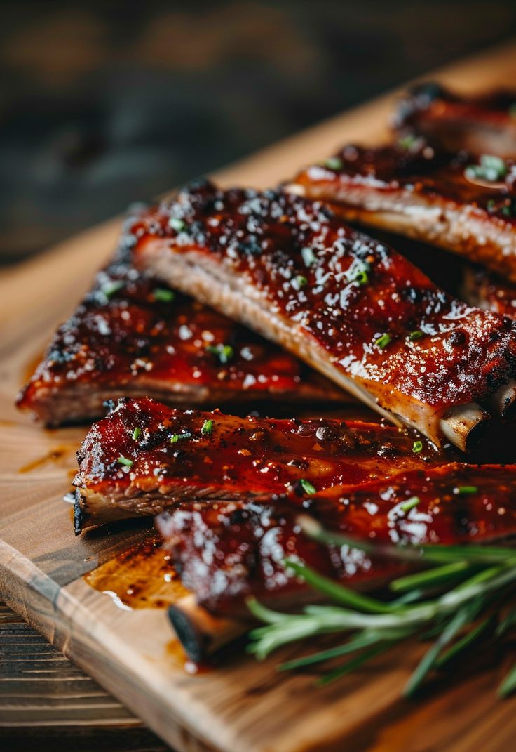 ribs covered in bbq sauce and garnished with herbs on a cutting board