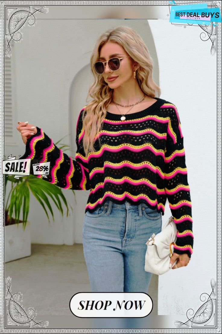 Fashionable Long-sleeved Round Neck New Knitted Striped Sweater Spring Acrylic Sweater With Pointelle Knit, Multicolor Long Sleeve Casual Cropped Sweater, Multicolor Long Sleeve Cropped Sweater, Casual Acrylic Pointelle Knit Sweater, Multicolor Pointelle Knit Sweater For Spring, Casual Multicolor Knitted Cropped Sweater, Casual Long Sleeve Open Knit Cropped Sweater, Long Sleeve Acrylic Sweater With Pointelle Knit, Multicolor Pointelle Knit Top