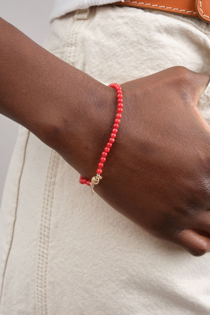 Beaded red bamboo coral bracelet Subtly vibrant and exquisitely strung Crafted to be worn alone or elegantly stacked Measures approx 7” 14k gold ball clasp Red bamboo coral is known to be a protective talisman against evil spirits. It is said to bring luck to the home, and is used as a protector Made using ethically sourced coral from the Philippines Ethically made in Los Angeles Bracelets sold individually Designer: Beatrice Valenzuela | Learn more about the Designer and shop the collection. Elegant Red Coral Beaded Bracelets For Gift, Elegant Red Coral Beaded Bracelet Gift, Elegant Red Coral Beaded Bracelets With Round Beads, Elegant Red Coral Beaded Bracelets, Elegant Coral Beaded Bracelets, Red Coral Beaded Bracelets, Elegant Red Coral Beaded Bracelets With Adjustable Fit, Elegant Adjustable Red Coral Bracelet, Elegant Red Coral Adjustable Bracelet