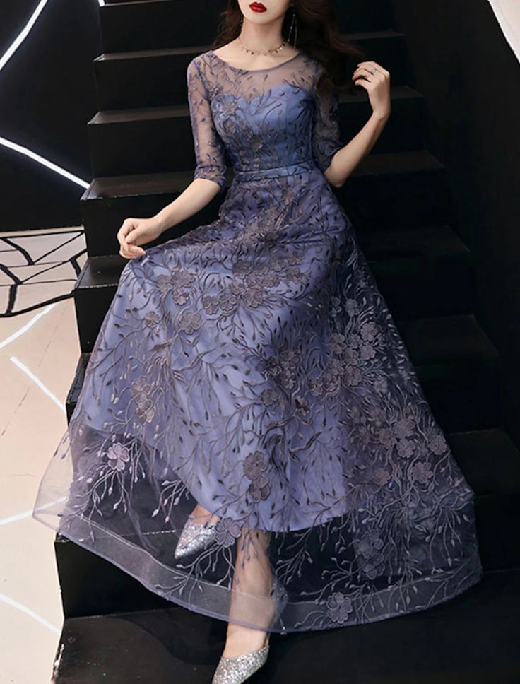 A-Line Evening Gown Elegant Dress Wedding Guest Formal Evening Floor Length Half Sleeve Jewel Neck Tulle with Embroidery Pattern / Print Gaun Tulle, Lace Evening Dress Long, Wedding Guest Formal, Evening Dress Long, Evening Gowns With Sleeves, Evening Party Gowns, Blue Evening Dresses, Plus Size Formal Dresses, Evening Gowns Elegant