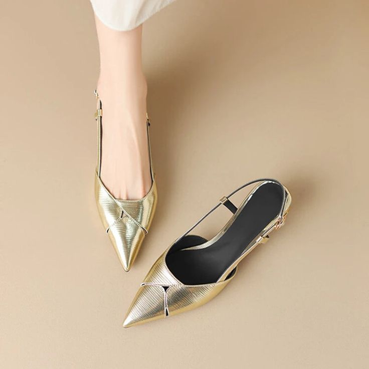 LBSFY - NEW Summer Women Shoes Split Leather Shoes for Women Pointed Toe Strange Heel Women Sandals Cover Toe Slip-on Modern Sandals Gold Pointed Toe Flats For Evening, Gold Pointed Toe Flats For Party, Gold Low Heel Pointed Toe Flats For Spring, Gold Pointed Toe Flats With Low Heel For Spring, Chic Gold Pointed Toe Flats For Party, Gold Pointed Toe Flats For Spring, Gold Ankle Strap Kitten Heels For Spring, Gold Closed Toe Kitten Heels For Summer, Gold Chic Pointed Toe Flats With Low Heel