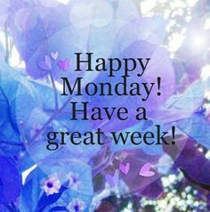 the words happy monday have a great week are displayed in front of blue flowers and leaves