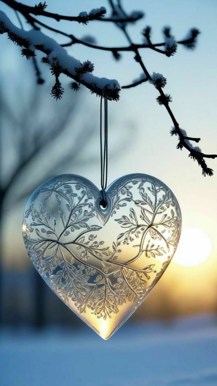 a heart shaped glass ornament hanging from a tree branch with the sun setting in the background