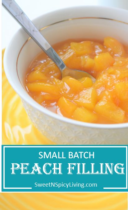 small batch peach filling in a white bowl with a spoon and yellow napkin on the side