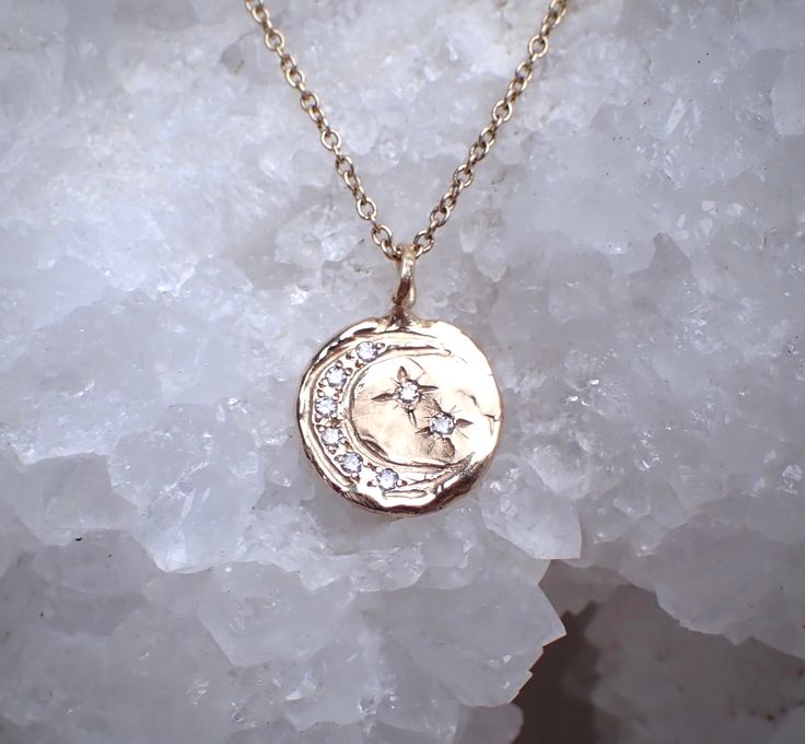 Solid 14k gold coin pendant featuring and hand-carved crescent moon, and eight hand set diamonds. Coin measures 12mm16" solid gold chain. Gold Coin Pendant, Solid Gold Chains, Gold Coin, Coin Pendant, Gold Coins, Star Pendant, Crescent Moon, Instagram Followers, Crescent