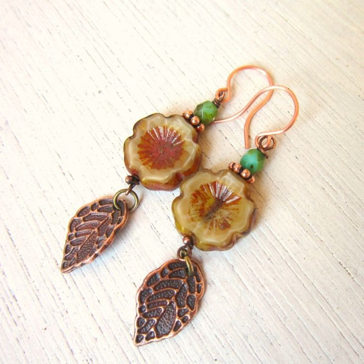 Handmade Brown Flower Jewelry, Bohemian Brown Flower Jewelry, Handmade Copper Flower Earrings, Brown Flower Drop Earrings For Gift, Brown Drop Flower Earrings For Gift, Vintage Brown Flower-shaped Jewelry, Earthy Brown Copper Earrings, Nature-inspired Brown Flower-shaped Jewelry, Nickel Free Brown Earrings With Czech Glass