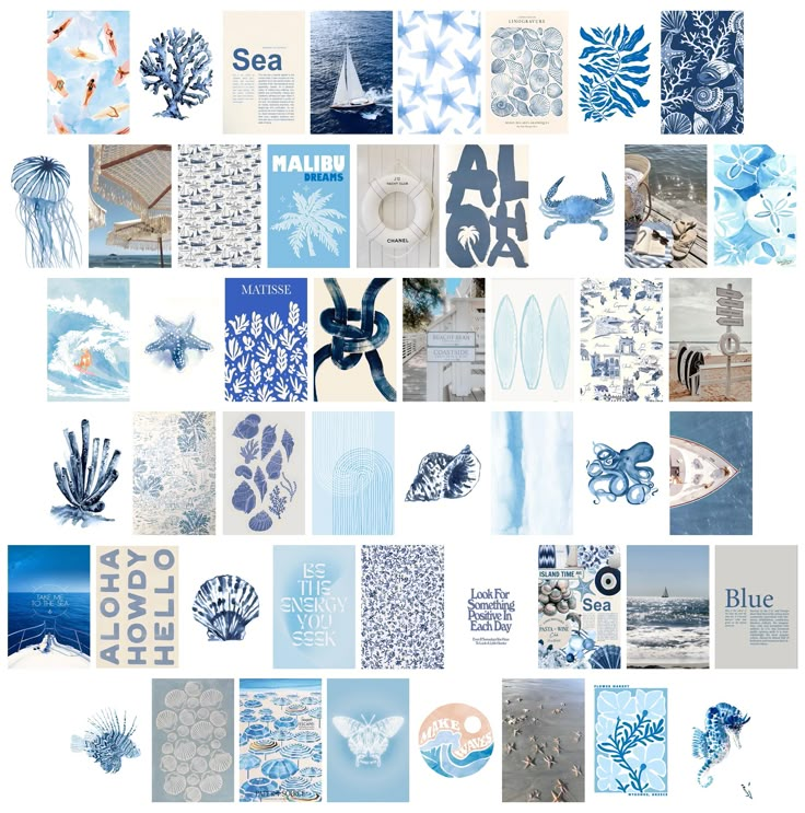 a collage of blue and white images with the word sea written in it's center