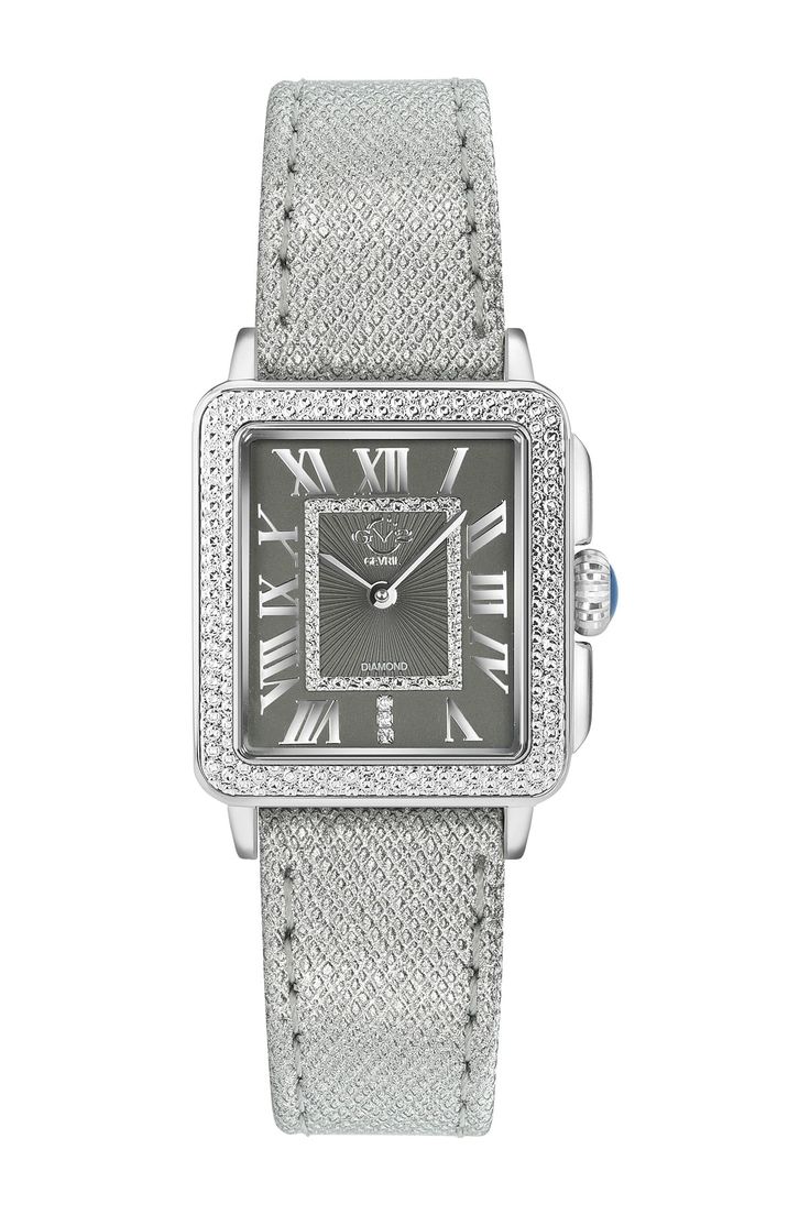 Style #: 12301. Gender: Women's. Dial Color: Gray. Stone Type: Diamonds 0.014 ctw. Case Material: 316L stainless steel. Case Size: 28.5mm. Strap Material: Saffiano metallic leather. Strap Length: 7.5". Closure: Tang. Crystal: Anti-reflective sapphire crystal. Movement: Quartz. Water Resistance: 3 ATM. Battery. Made in SwitzerlandPlease note: Diamond weight may not be exact. Diamond Ring Cuts, Grey Watch, Leather Strap Watch, Diamond Guide, Square Watch, Stainless Steel Watch, Sparkle Diamonds, Metallic Leather, Quartz Movement