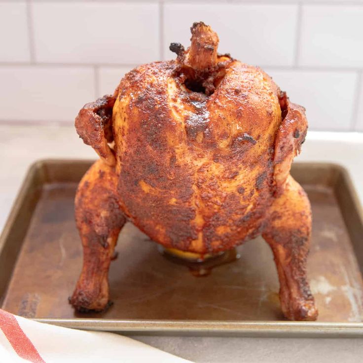 a cooked chicken sitting on top of a pan