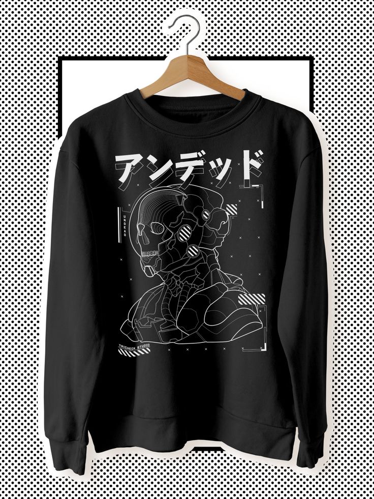 Japanese Harajuku style techwear sweater with cyberpunk skull graphic in white & black, from a German shop. Unisex techwear graphic sweater featuring futuristic Exo-Sekelton skull illustration. Designed for fans of Japanese Harajuku streetwear and street style clothing. The sweater is available in white and black. The sweatshirt is made from 50% cotton & 50% polyester and is pre-shrunk. You can find more unique Japanese Techwear from Europe at: https://www.etsy.com/de/shop/KanjiTRICHECK This uni Urban Skull Print Hoodie Sweatshirt, Punk Skull Print Sweatshirt For Streetwear, Punk Sweatshirt With Skull Print For Streetwear, Black Sweatshirt For Halloween Alternative Fashion, Edgy Black Sweatshirt For Alternative Fashion, Black Halloween Sweatshirt For Alternative Fashion, Black Skull Print Sweatshirt For Winter, Black Long Sleeve Sweatshirt For Cosplay, Techwear Sweatshirt For Halloween Streetwear