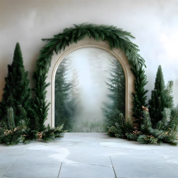 an arch in the middle of a room decorated with evergreens and pine cones on either side