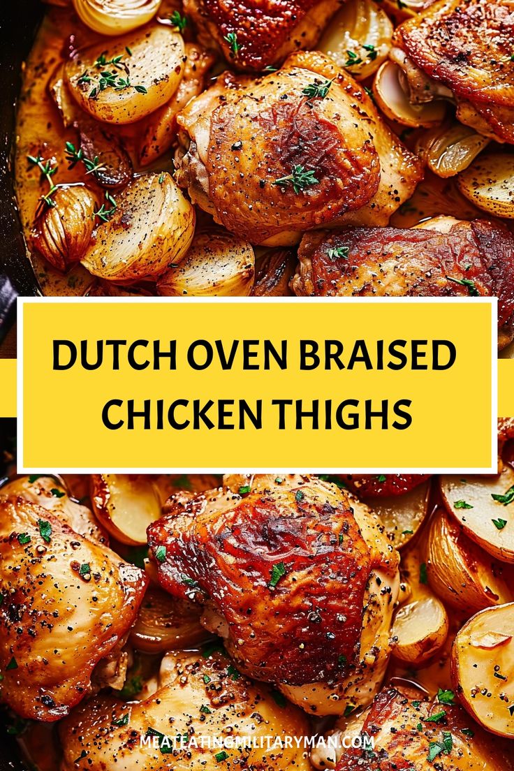 Easy Dutch Oven Braised Chicken Thighs Recipe Dutch Oven Chicken Potatoes And Carrots, French Dutch Oven Recipes, Chicken Thigh Recipes In Dutch Oven, Best Dutch Oven Chicken Recipes, Braised Chicken Leg Quarters, Asian Dutch Oven Recipes, Chicken And Potatoes Dutch Oven, Marry Me Chicken Dutch Oven, Dutch Oven Chicken And Rice One Pot