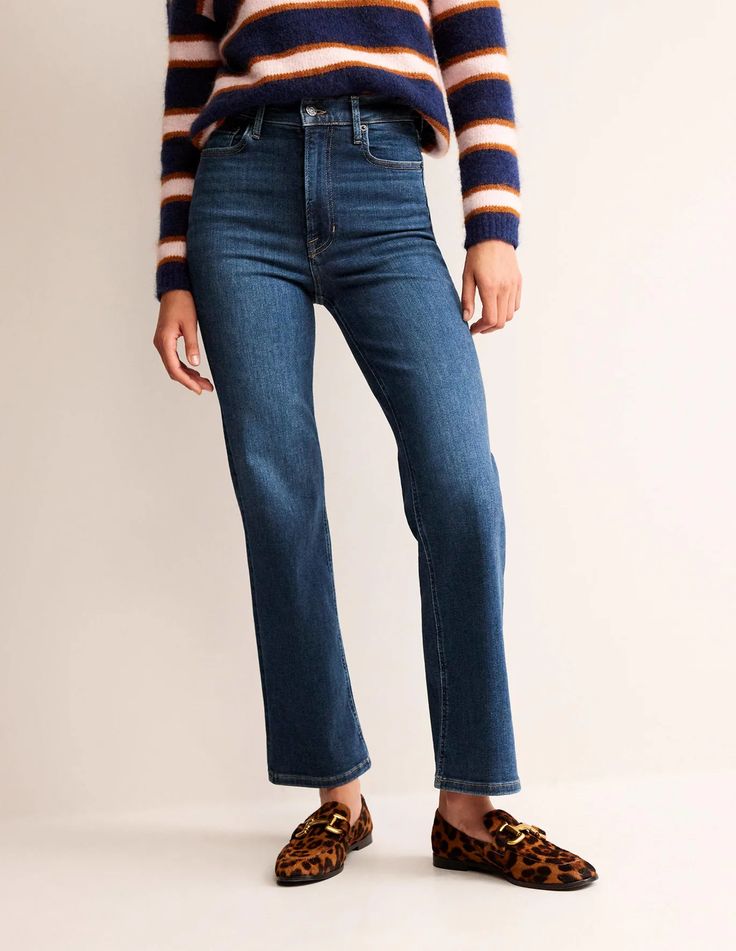 High Rise True Straight Jeans - Indigo | Boden US Dark Wash Jeans Women, Flower Jeans, Tunic Leggings, Boden Women, Boden Uk, Floral Denim, Medium Wash Jeans, Denim Cotton, Straight Leg Denim