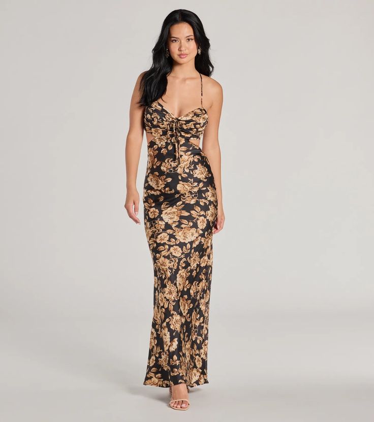 Showcase a sexy-chic aura in this slim-fit maxi dress designed with silky satin woven fabric accented with a blooming floral print. The long dress features a sleeveless sweetheart neckline with a pleated bust and tie-front detail, adjustable spaghetti straps leading to a cross-back design, and a lower back cutout that extends to each side of the waist for a hint of allure.Fit & FeaturesFloral-printed satin woven fabric,Sweetheart neckline with pleated bust, tie-front detailAdjustable spaghet Orange Homecoming Dresses, Backless Dress Short, Purple Homecoming Dress, Green Homecoming Dresses, White Homecoming Dresses, Velvet Prom Dress, Maxi Dress Designs, Homecoming Outfits, Lace Dress Styles