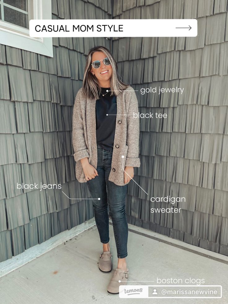 Birkenstock Boston Clog Outfit Winter, Birkenstock Outfit Teacher, Cardigan And Clogs Outfit, Birkenstock Clogs Outfit Teacher, Boston Clog Outfit Fall, Black Crop Jeans Outfit Winter, Womens Boston Clogs Outfits, Taupe Boston Clogs Outfit, Birkenstock Clogs Outfit Fall 2023