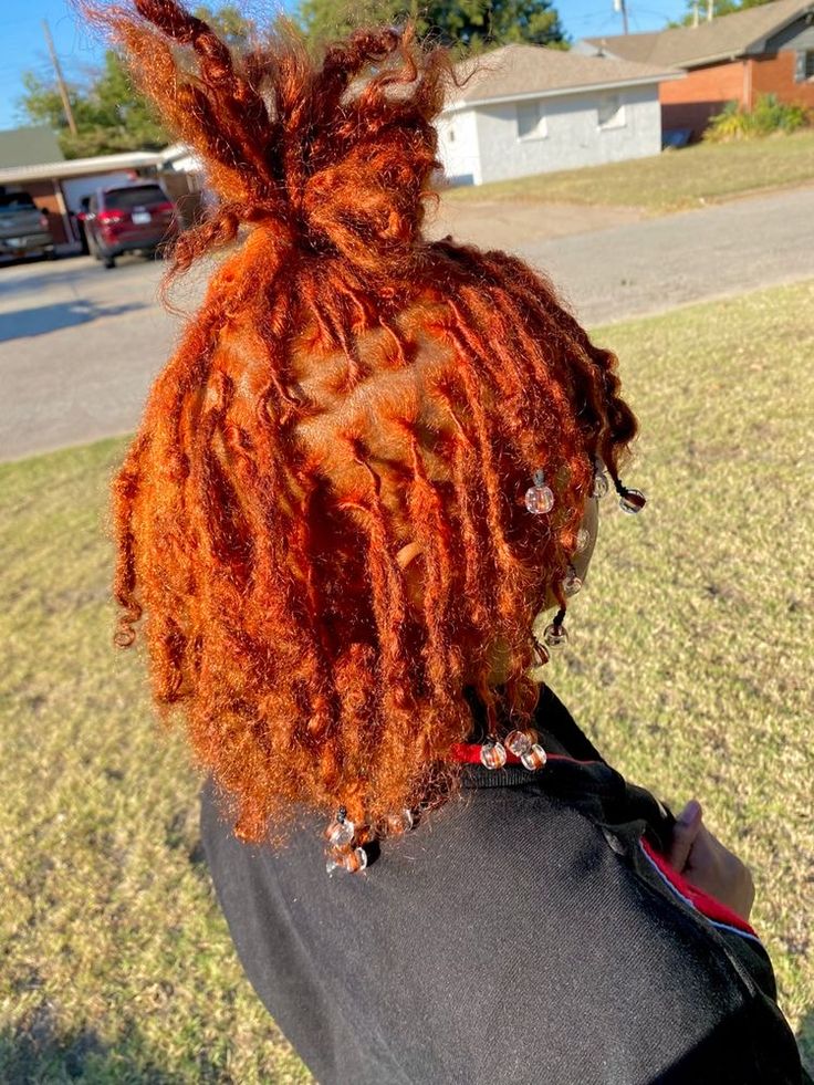 Dye Dreads Black Women, Dyed Locs Black Women Natural Hair, Orange And Blonde Locs, Red And Blonde Locs Black Women, Red And Orange Locs, Dyed Dreadlocks Black Women, Colors To Dye Your Locs, Colorful Locs Black Women, Dyed Dreads Black Women