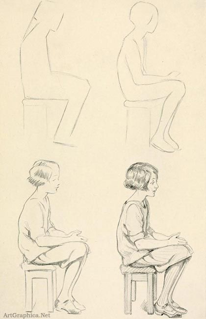 two drawings of people sitting on stools