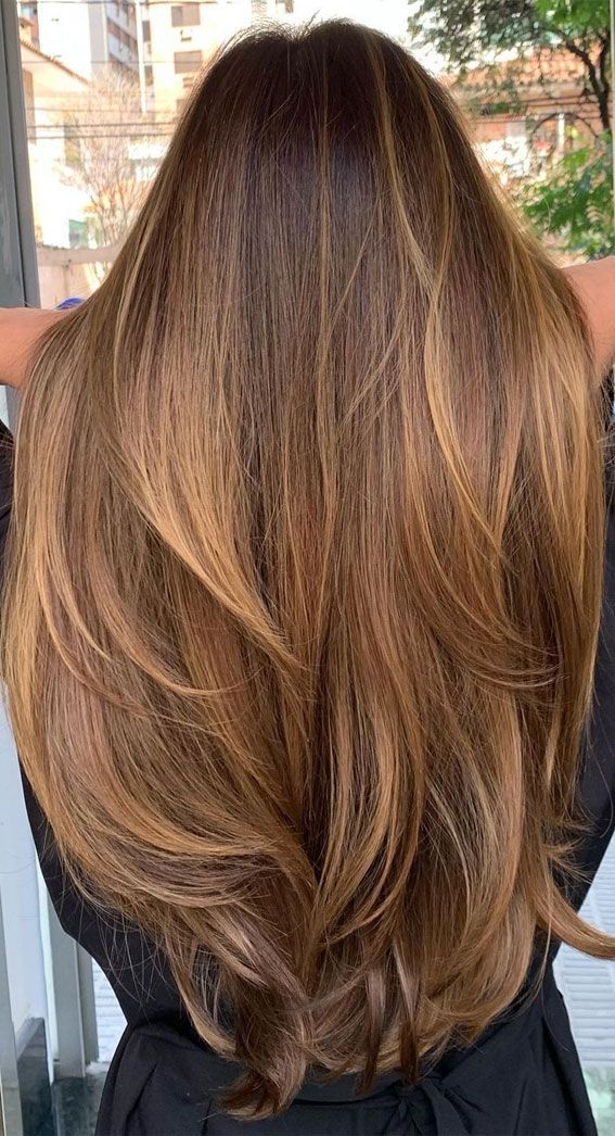 Color Brown Hair Highlights, Honey Brown Hair With Balayage, Golden Highlights On Dark Blonde Hair, Dyed Brunette Hair Colour, Auburn Hair Color Highlights, Good Highlights For Brown Hair, Balayage Hair Ginger Brown, Caramel Highlights No Bleach, Copper Orange Highlights On Brown Hair