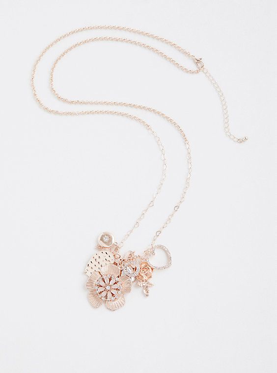 Pretty charms accent a long necklace for an easy on-the-go statement piece to your everyday look. Lobster clasp. 29. 5” length and 3” extender. Base metals. Imported. The best plus size women's rose gold charm necklace necklaces in rose gold. Trendy Rose Gold Necklace For Mother's Day, Rose Gold Pendant Charm Necklaces With Adjustable Chain, Rose Gold Charm Necklace With Adjustable Pendant, Rose Gold Pendant Charm Necklace With Adjustable Chain, Rose Gold Dangle Necklace, Trendy Rose Gold Jewelry With Lobster Clasp, Feminine Rose Gold Necklace With Flower Charm, Mother's Day Rose Gold Charm Necklace Pendant, Rose Gold Metal Jewelry With Flower Charm