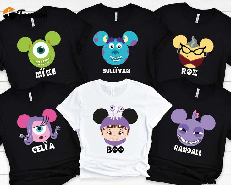 Disney Monsters Inc Shirts: Monsters Group Matching Monsters University & Best Friends Shirt Themed Disney Trips Shirt With Character Print, Black Themed T-shirt For Disney Trips, Fun Cartoon Print Tops For Fan Conventions, Playful Tops With Character Print For Fan Merchandise, Fun Character Print Shirt For Fans, Black Shirt With Character Print For Disney Fan Events, Black Cartoon Print Shirt For Disney Fan Events, Black Shirt With Cartoon Print For Disney Fan Events, Fun Character Print T-shirt For Disney Fan Events