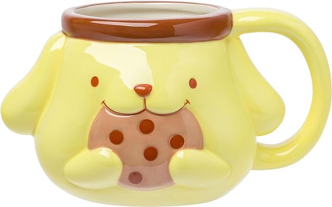 a yellow ceramic mug with a dog's face on it