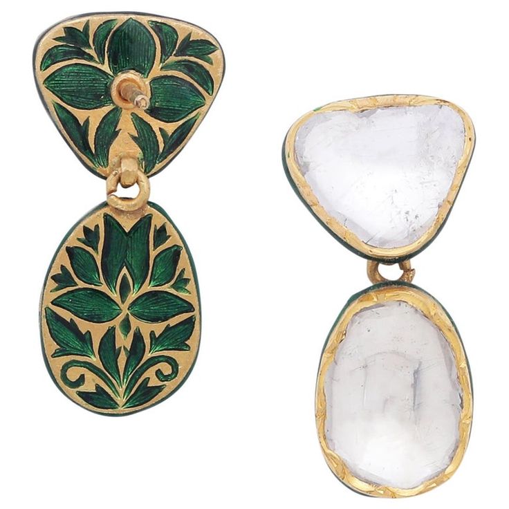 4.14 Carat Diamond Earring Handcrafted in 18 Karat Gold with Intricate Enamel | From a unique collection of vintage Dangle Earrings at https://www.1stdibs.com/jewelry/earrings/dangle-earrings/. Elegant Gemstone Earrings With Enamel, Elegant Enamel Earrings With Gemstones, Designer Enamel Jewelry As A Gift, Luxury Green Enamel Earrings, Designer Enamel Jewelry For Gift, Designer Green Hallmarked Jewelry, Luxury Ceremonial Enamel Jewelry, Traditional Oval Yellow Gold Earrings, Luxury Enamel Earrings For Anniversary