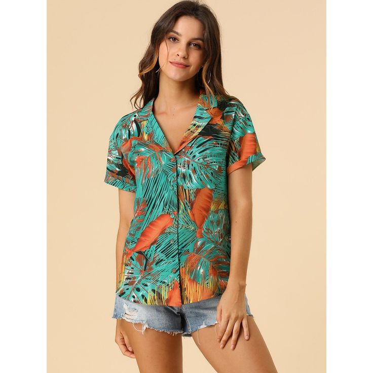 A great shirt to be paired with shorts or jeans. Enjoy the summer with the help of the Hawaiian leaf-printed shirt. Lend a touch of charm to your new season wardrobe with this shirt. Whether on carnivals, festivals, vacations, on the beach, or even at a theme party, you will certainly receive many compliments. Suitable for wearing to the beach. Hawaiian Leaf, Linen Shorts Women, Floral Leaves, Women's Blouses, Linen Short, Floral Short, Polka Dot Blouse, Collar Top, Beach Shirts