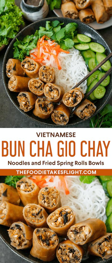 vietnamese bun cha go chay with noodles and fried spring rolls on the side in a bowl