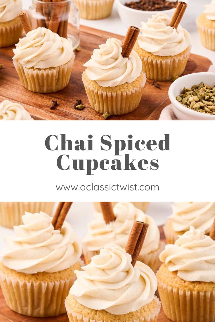 cupcakes with white frosting and cinnamon sticks in the middle on a wooden cutting board