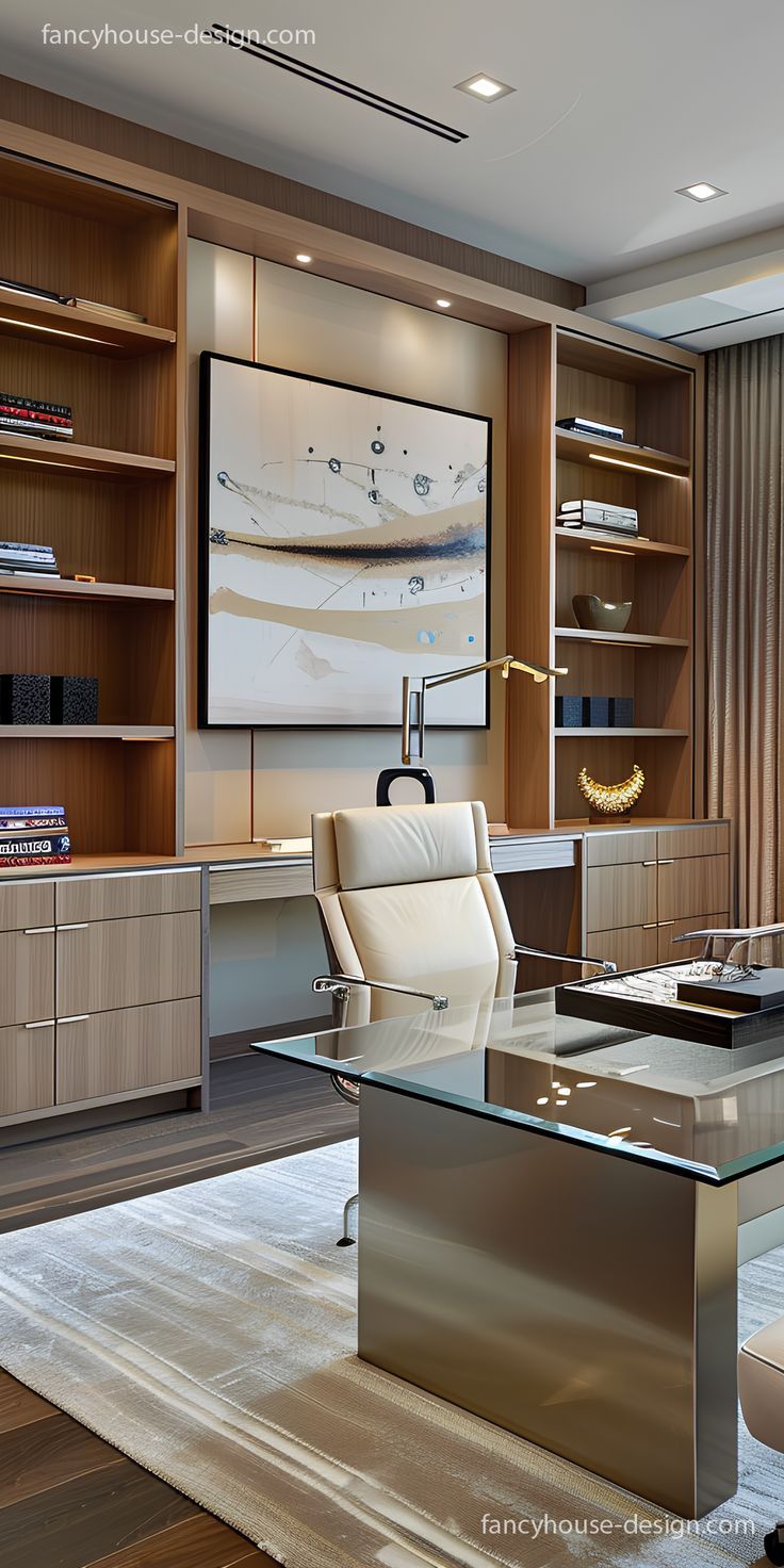 an office with a glass desk and wooden shelves