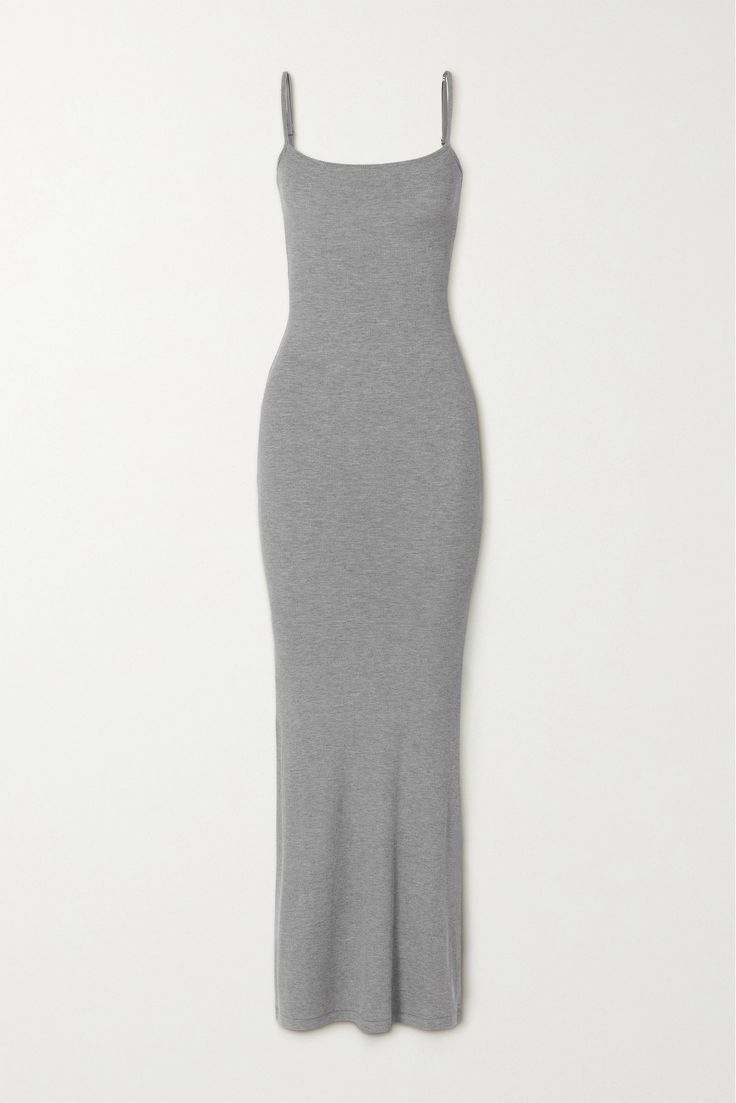 SKIMS' maxi dress is cut from ribbed stretch-modal jersey – you can really feel the soft finish. It's made to cling to your curves and has slim straps framing a square neckline. Wear yours while lounging at home and add sneakers if you're heading out for the day, or heels and your favorite purse for date night. Gray Long Dress Casual, Slim Long Dresses, Skims Ribbed Dress, Lounge Maxi Dress, Grey Long Dress Outfit, Long Gray Dress Outfit, Long Grey Dress Casual, Grey Maxi Dress Outfit, Skim Dress