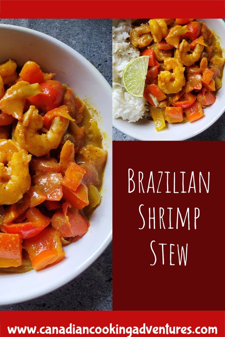 two plates of food that include shrimp, rice and broccoli with the caption brazilian shrimp stew