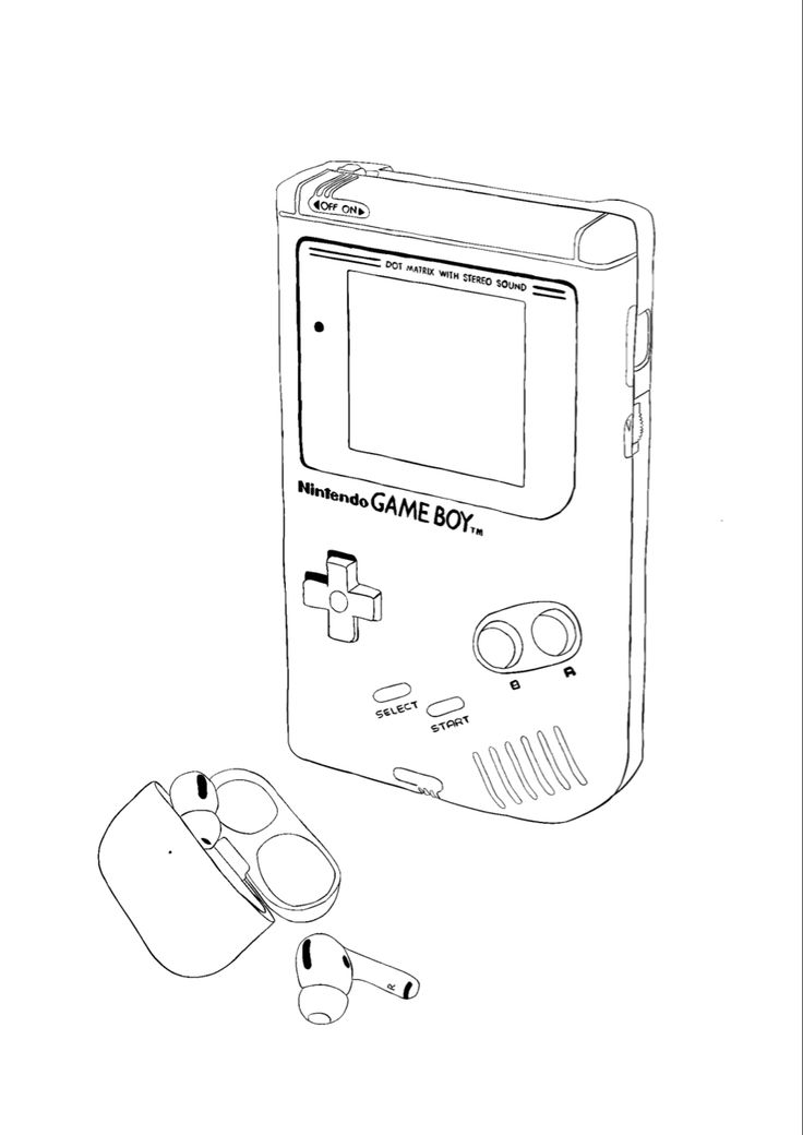 the nintendo game boy is next to an apple mouse and keyboard, which has been drawn by hand