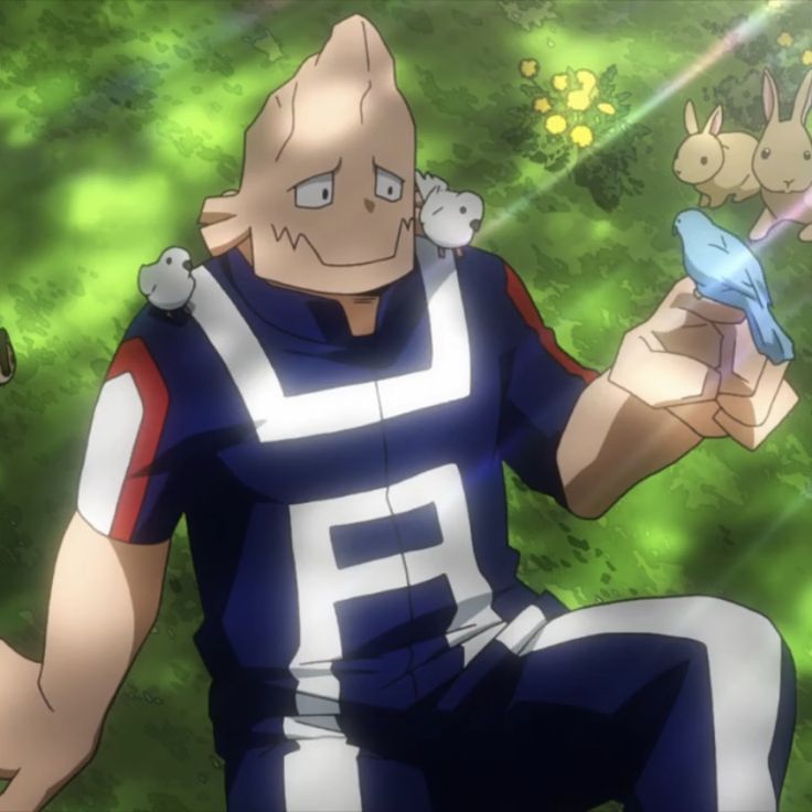 an anime character sitting in the grass with two rabbits on his shoulder and one arm outstretched